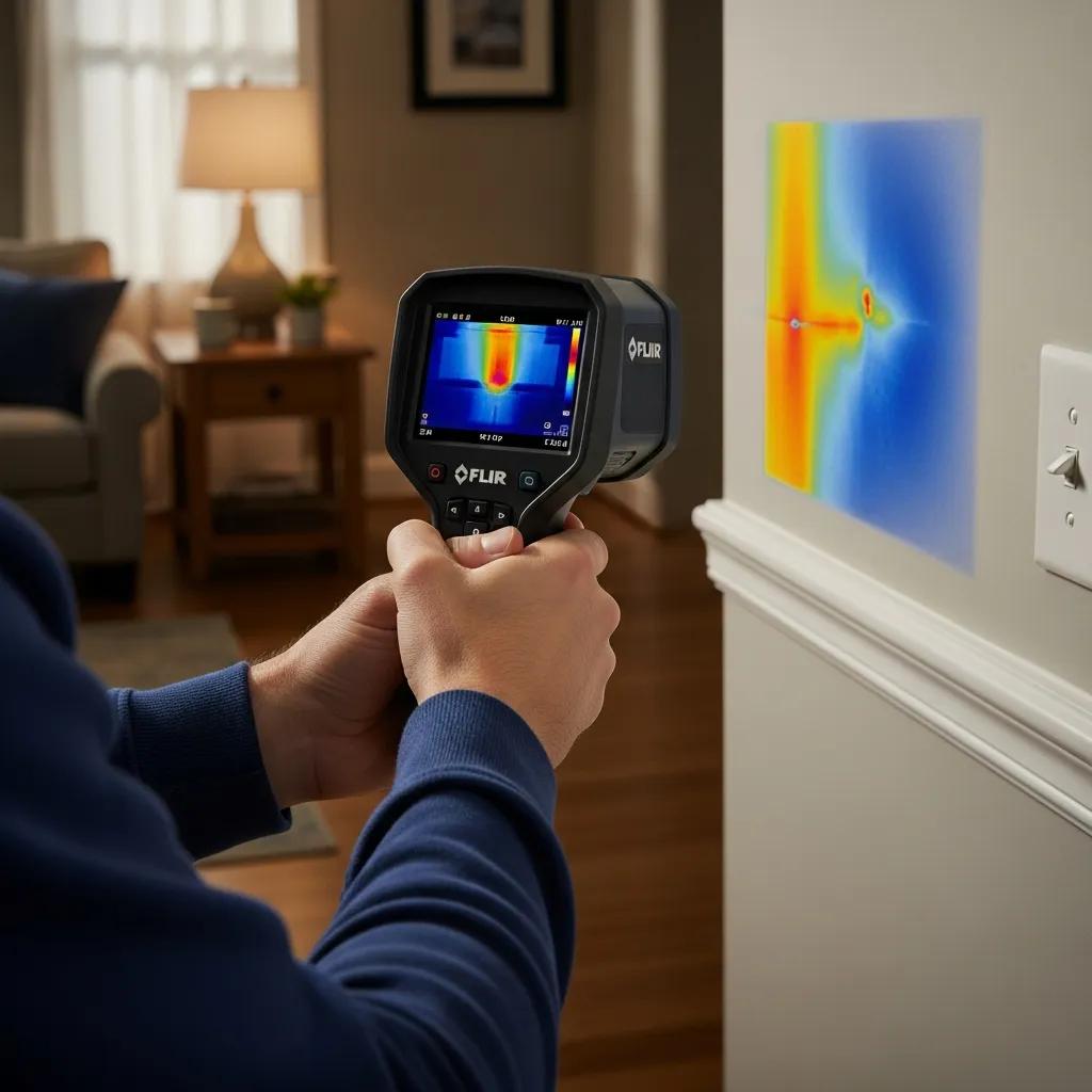 Thermal camera detecting hidden water leaks in a residential setting