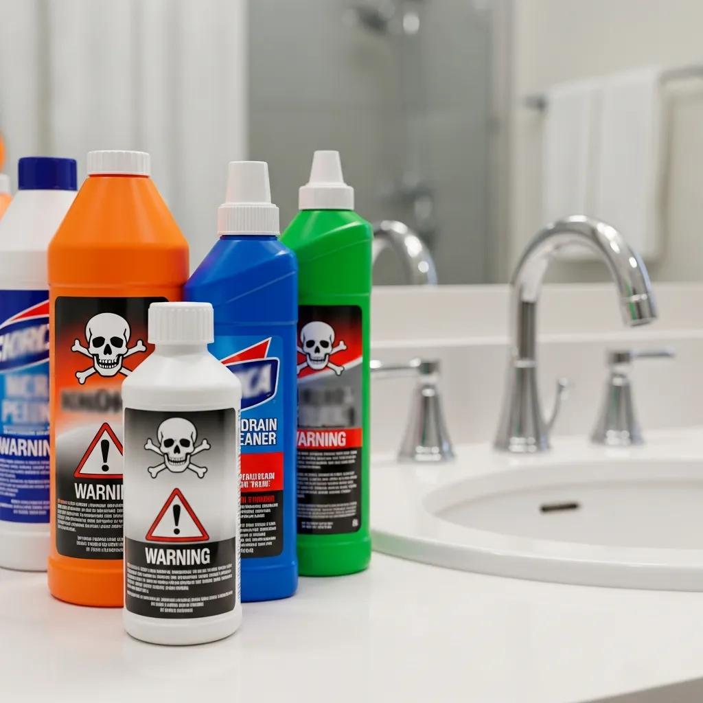 Bottles of chemical drain cleaners on a bathroom counter, underscoring hazards of chemical use
