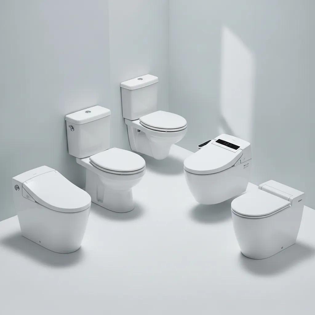 Illustration of one-piece, two-piece, wall-hung, smart, and tankless toilets for homeowner comparison