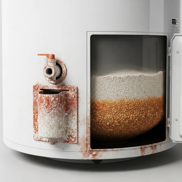 Water heater with sediment buildup illustrating causes of inefficiency